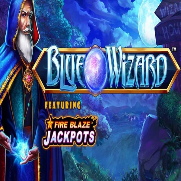 Blue Wizard Fire Blaze Jackpots logo by Rarestone Gaming at Rich Palms Casino