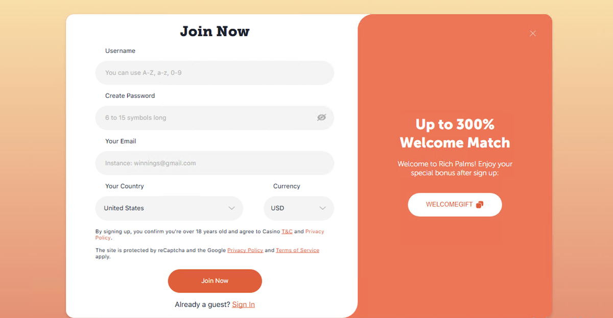 Sign up for new Rich Palms Casino account